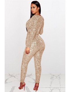 Gold Sequins V Neck Long Sleeve Sexy Jumpsuit
