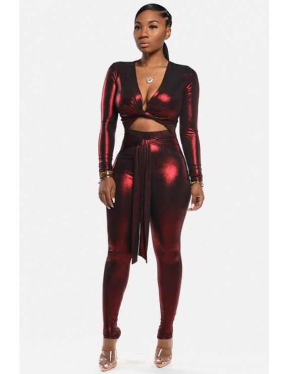Dark-red Cutout Tied V Neck Long Sleeve Sexy Jumpsuit