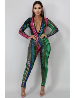 Multi Sequins Plunging Long Sleeve Sexy Jumpsuit
