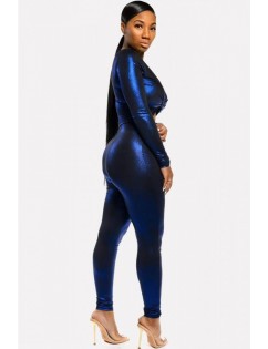 Dark-blue Cutout Tied V Neck Long Sleeve Sexy Jumpsuit