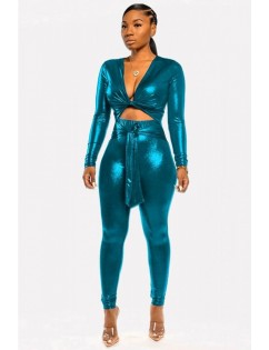 Green Cutout Tied V Neck Long Sleeve Sexy Jumpsuit