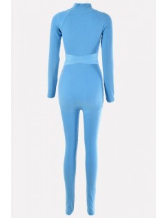 Light-blue Zipper Up Long Sleeve Casual Jumpsuit