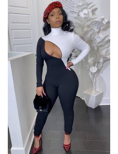 Black-white Two Tone Cutout High Neck Sexy Jumpsuit