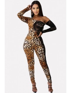 Leopard Splicing Lace One Shoulder Long Sleeve Sexy Jumpsuit
