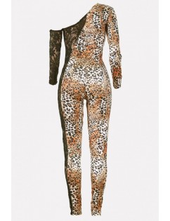 Leopard Splicing Lace One Shoulder Long Sleeve Sexy Jumpsuit