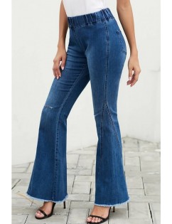 Dark-blue Ripped Elastic Waist Pocket Casual Flared Jeans