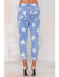 Light-blue Star Print Ripped Distressed Pocket Casual Jeans