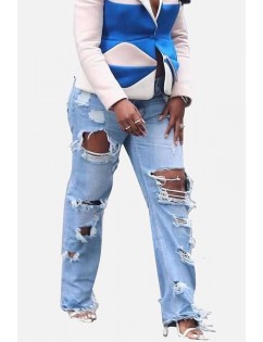 Light-blue Ripped Raw Hem High Waist Casual Jeans