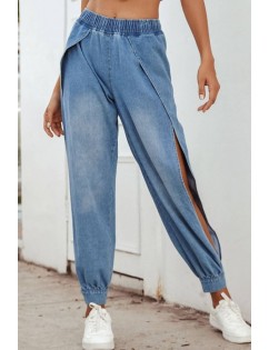 Blue Slit Elastic Waist Casual Jeans