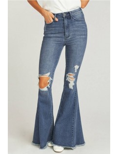 Blue Ripped Raw Hem Pocket Casual Flared Jeans