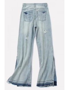 Light-blue Ripped Slit Side High Waist Casual Wide Leg Jeans