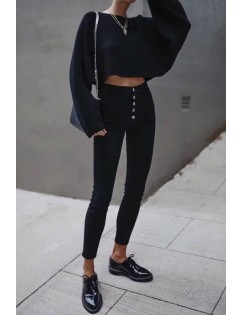 Black Button Up Pocket High Waist Casual Skinny Jeans