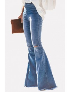 Light-blue Ripped Elastic Waist Pocket Casual Flared Jeans