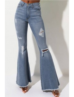 Blue Ripped Raw Hem Casual Flared Jeans