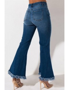 Blue Distressed Raw Hem Casual Flared Jeans