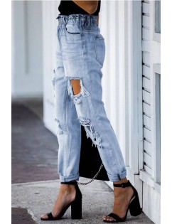 Light-blue Ripped Distressed High Waist Casual Jeans