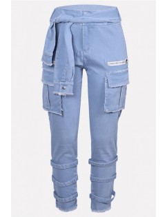 Light-blue Chain Pocket Splicing High Waist Casual Jeans