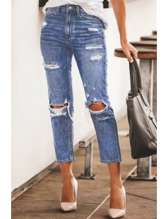 Blue Ripped Pocket High Waist Casual Jeans