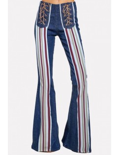 Dark-blue Stripe Lace Up Pocket Casual Flared Jeans