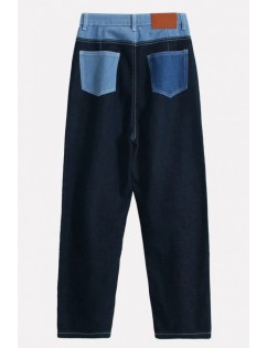 Dark-blue Contrast Pocket High Waist Casual Jeans