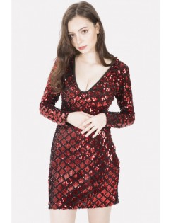 Red Sequin Plunging Long Sleeve Sexy Bodycon Dress