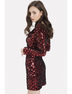 Red Sequin Plunging Long Sleeve Sexy Bodycon Dress