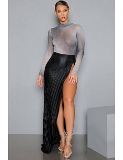 Black Glitter Slit Mock Neck Long Sleeve Sexy Skirt Set