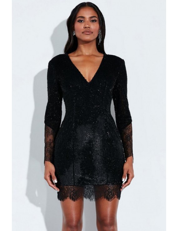 Black Sequin Splicing V Neck Long Sleeve Sexy Bodycon Mini Dress