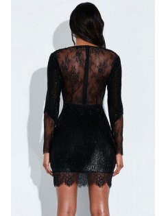 Black Sequin Splicing V Neck Long Sleeve Sexy Bodycon Mini Dress