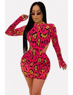 Hot-pink Leopard Mock Neck Long Sleeve Sexy Bodysuit Skirts Set
