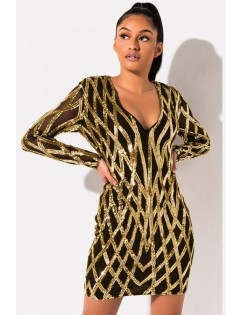 Gold Sequin V Neck Long Sleeve Sexy Dress