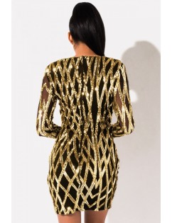 Gold Sequin V Neck Long Sleeve Sexy Dress