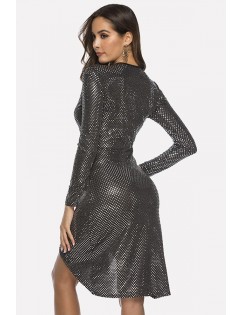 Black Sequin Wrap O Ring Plunging Long Sleeve Sexy Dress