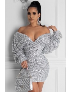 Sequins V Neck Off Shoulder Long Sleeve Sexy Bodycon Dress