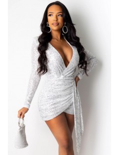 Silver Sequin Wrap Plunging Long Sleeve Sexy Bodycon Dress