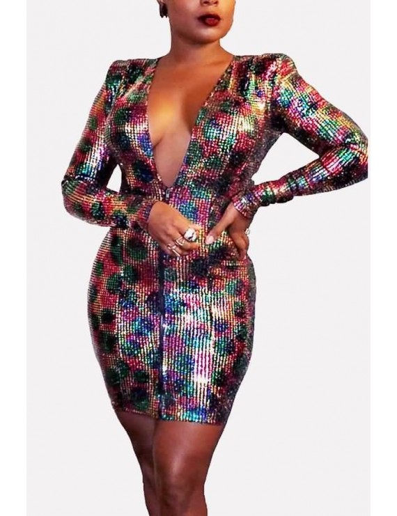 Multi Sequin Plunging Long Sleeve Sexy Bodycon Dress