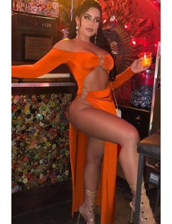 Orange Cutout Slit O Ring Off Shoulder Sexy Dress