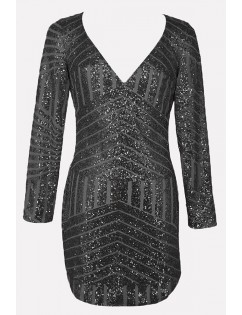 Black Sequin Plunging Curved Hem Long Sleeve Sexy Dress