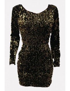 Gold Sequin V Back Long Sleeve Sexy Bodycon Dress