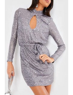 Silver Sequin Cutout Mock Neck Long Sleeve Sexy Dress