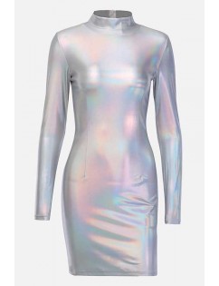 Patent Leather High Neck Long Sleeve Sexy Bodycon Dress