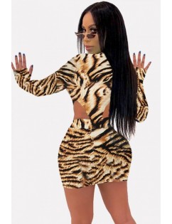 Brown Tiger Print Mock Neck Long Sleeve Sexy Bodysuit Skirts Set