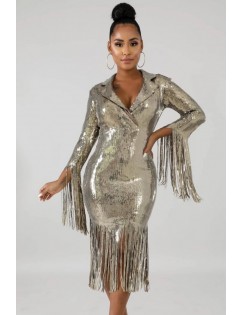 Gold Sequin Fringe Long Sleeve Sexy Bodycon Dress
