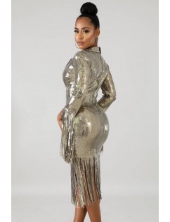 Gold Sequin Fringe Long Sleeve Sexy Bodycon Dress