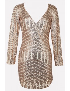 Gold Sequin Plunging Curved Hem Long Sleeve Sexy Dress