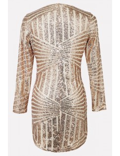 Gold Sequin Plunging Curved Hem Long Sleeve Sexy Dress
