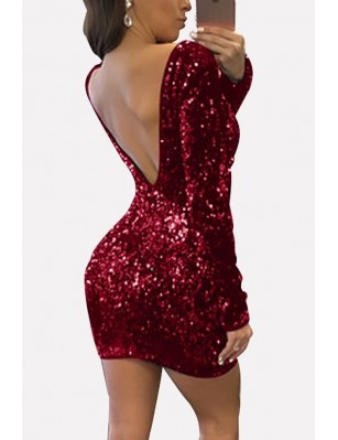 Dark-red Sequin V Back Long Sleeve Sexy Bodycon Dress