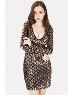 Sequin Plunging Long Sleeve Sexy Bodycon Dress