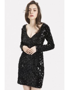 Sequin Plunging Long Sleeve Sexy Bodycon Dress