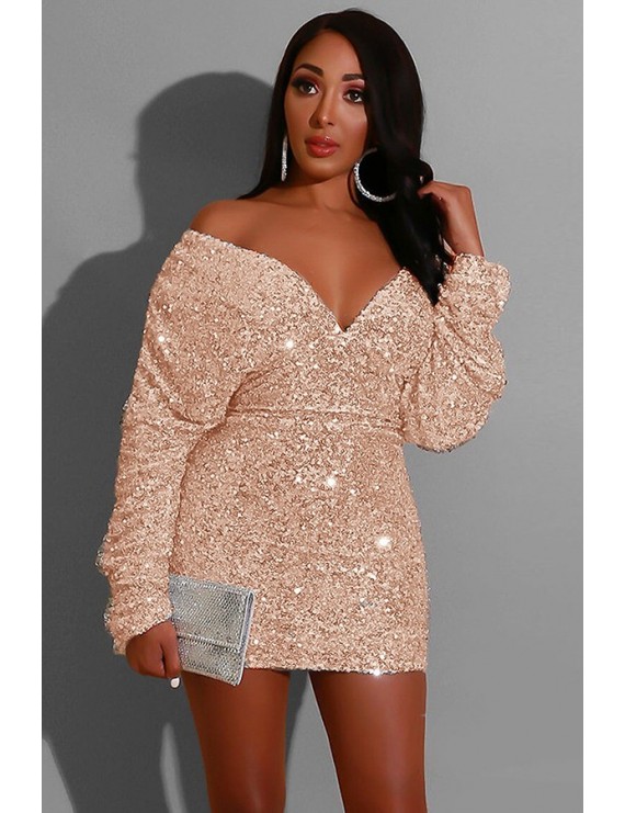 Gold Sequins V Neck Off Shoulder Long Sleeve Sexy Bodycon Dress
